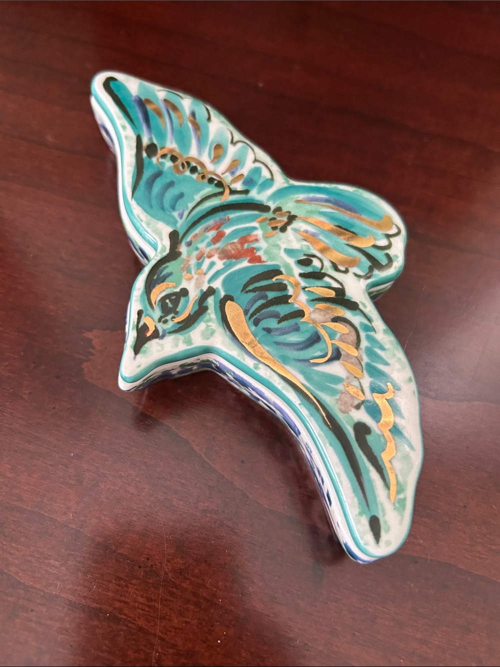 Hand-Painted Ceramic Bird Trinket Dish in Teal and Gold